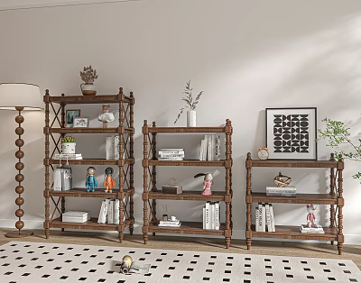 Traditional Wooden Chinese Display Shelf With Decorations And Books Arranged Neatly 3d model