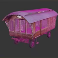Vintage Wooden Trailer Featuring Curved Roof Windows Decorative Details And Wheels