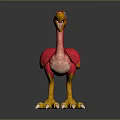 3D Cartoon Bird With Red Yellow Feathers Large Orange Beak And Yellow Sharp Claws