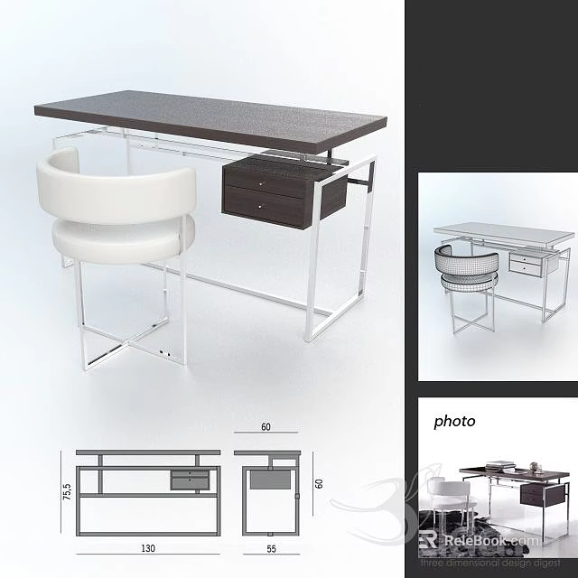 Modern Minimalist Desk With Dark Wood Top White Chair And Metal Frame 3d model 