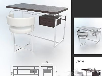 Modern Minimalist Desk With Dark Wood Top White Chair And Metal Frame 3d model