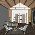 Hotel Guest Room Interior With Wooden Ceiling White Walls Open Shelves Armchairs And Large Windows