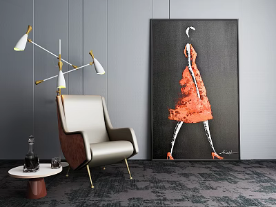 Light Gray Leather Single Sofa With Modern Floor Lamp Abstract Painting And Side Table 3d model