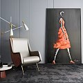 Light Gray Leather Single Sofa With Modern Floor Lamp Abstract Painting And Side Table
