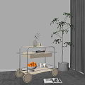 Rolling Side Table With Two Tier Shelves Oranges Book And Vase Near Tall Green Plant