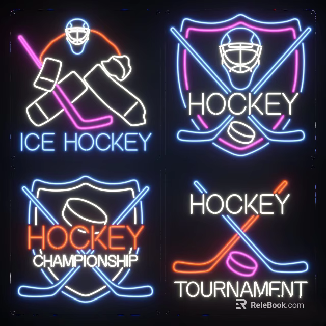 Hockey Themed Neon Decorative Lights Featuring Stick Helmet Shield And Championship Tournament Design 3d model 