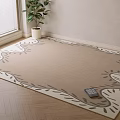 Beige Square Area Rug With White Gray Leaf Pattern On Wooden Floor Near Window Plant