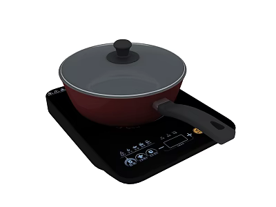 Red Cooking Pot With Glass Lid On Black Induction Cooktop Kitchen Utensil 3d model