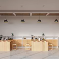 Modern Open Space Interior With Wooden Table Stools Black Sofa Large Windows And Pendant Lights