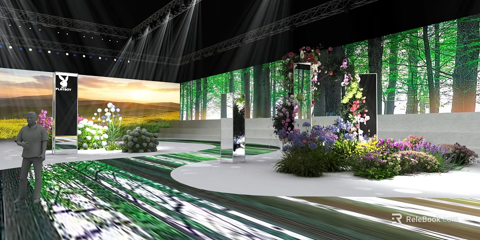 Floral Installation Design For Exhibition Space With Colorful Flowers Green Plants And Lighting Effects 3d model 