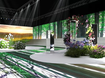 Floral Installation Design For Exhibition Space With Colorful Flowers Green Plants And Lighting Effects 3d model