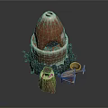 Handcrafted Clay Sculpture With Conical Form White Decorative Edges Artisan Tools And Firewood