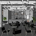 Industrial Style Café Interior Featuring Gray Walls Green Plants Round Pendant Lights And Black Furniture