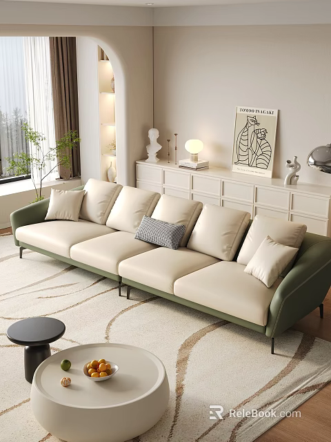 Modern Living Room Interior With Beige Sofa Green Frame Pillows Area Rug And Decorative Cabinet 3d model 