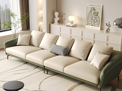 Modern Living Room Interior With Beige Sofa Green Frame Pillows Area Rug And Decorative Cabinet 3d model