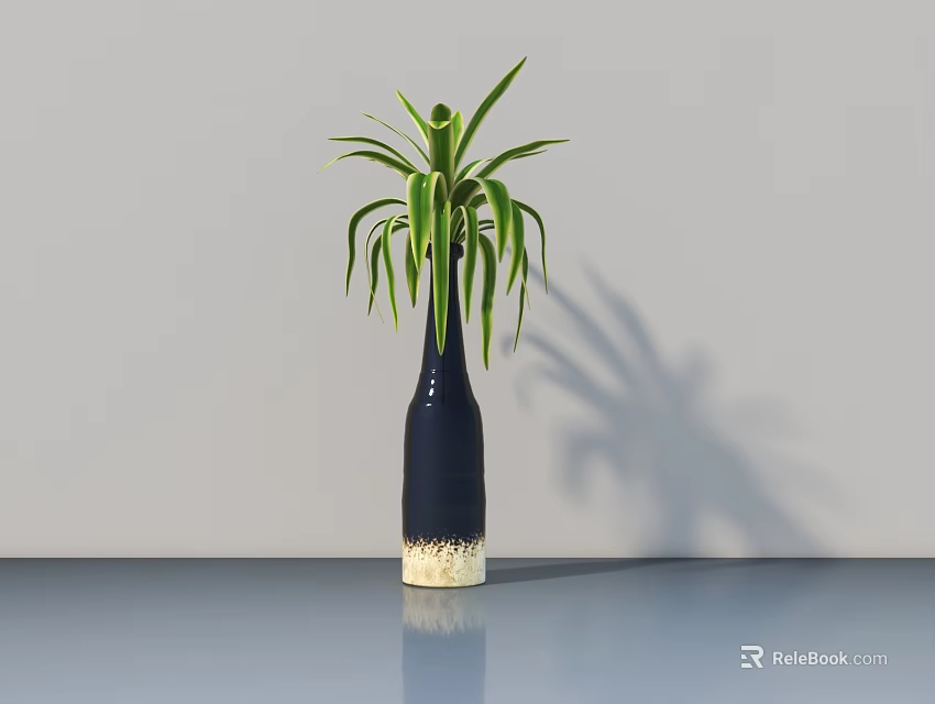 Dark Colored Vase with Long Green Leaves on Smooth Surface and Gray Wall Shadow 3d model 