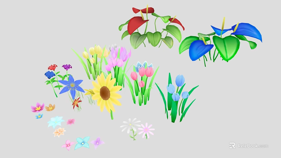 Colorful Flowering Plants With Sunflowers Pink Tulips Blue Orchids Daisies And Green Leaves 3d model 