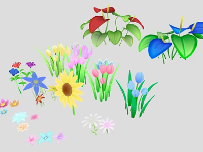 Colorful Flowering Plants With Sunflowers Pink Tulips Blue Orchids Daisies And Green Leaves 3d model