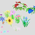 Colorful Flowering Plants With Sunflowers Pink Tulips Blue Orchids Daisies And Green Leaves