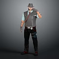 Male Character With Cowboy Hat Gray Vest Tattooed Arms Leather Gloves And Black Pants 3d model
