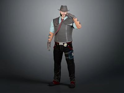 Male Character With Cowboy Hat Gray Vest Tattooed Arms Leather Gloves And Black Pants 3d model