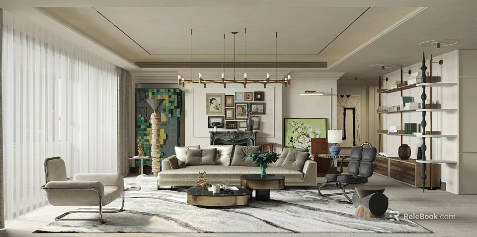 Elegant Modern Living Room Interior With Sofa Chandelier Decorative Paintings And Area Rug 3d model 