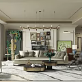 Elegant Modern Living Room Interior With Sofa Chandelier Decorative Paintings And Area Rug