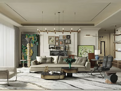 Elegant Modern Living Room Interior With Sofa Chandelier Decorative Paintings And Area Rug 3d model