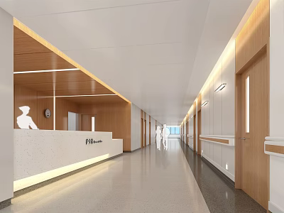 Hospital Outpatient Clinic Corridor With Reception Desk Wooden Accents And Lighting 3d model