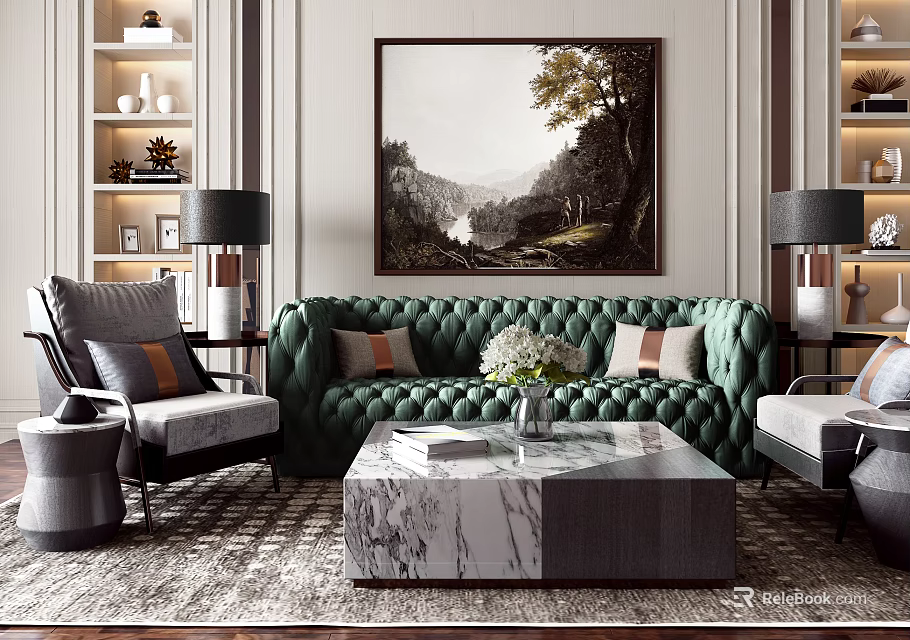 Luxury Green Tufted Sofa and Marble Top Coffee Table Set with Table Lamps and Decor 3d model 