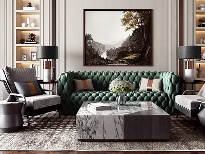 Luxury Green Tufted Sofa and Marble Top Coffee Table Set with Table Lamps and Decor 3d model