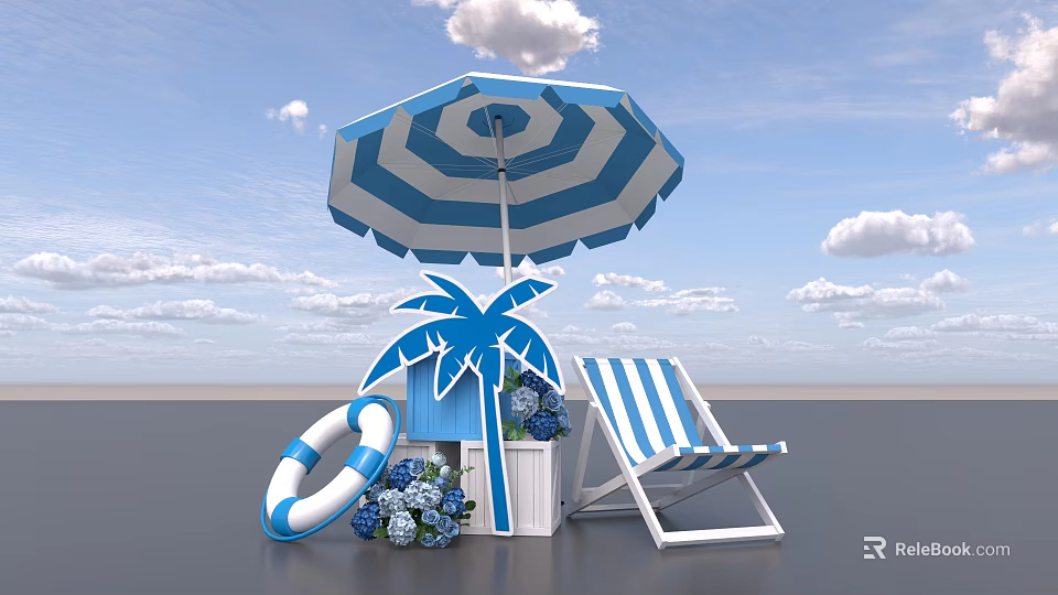 Beach Themed Outdoor Setup With Striped Umbrella Chair Lifebuoy And Palm Decor 3d model 