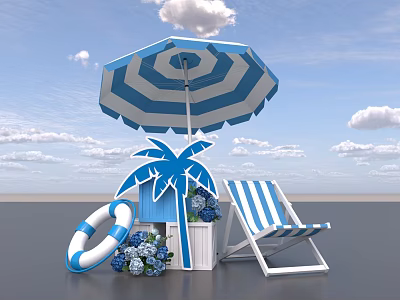 Beach Themed Outdoor Setup With Striped Umbrella Chair Lifebuoy And Palm Decor 3d model
