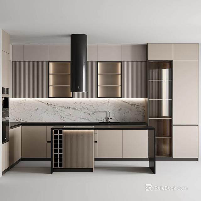 Modern Kitchen Interior With Black Range Hood Marble Countertop And Wine Rack 3d model 