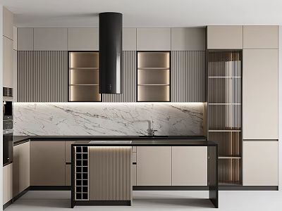 Modern Kitchen Interior With Black Range Hood Marble Countertop And Wine Rack 3d model