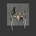 Futuristic Four Armed Robot With Blue And Green Lightsabers On Gray Platform