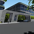 Modern Archway Entrance Gate Between Glass Facade Buildings With Lush Trees Cars and Pedestrians