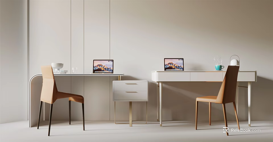 Modern Dual Desk Setup With Laptops Chairs And White Drawer Unit 3d model