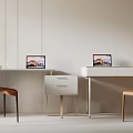 Modern Dual Desk Setup With Laptops Chairs And White Drawer Unit 3d model