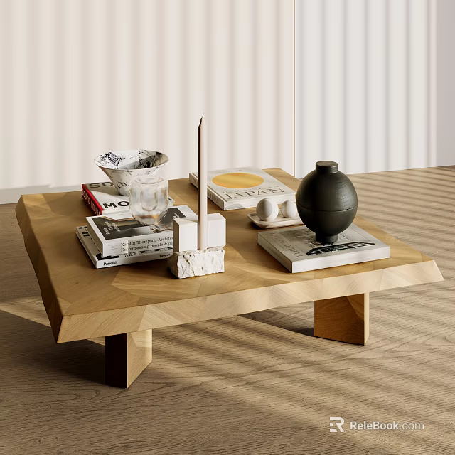 Stylish Wooden Coffee Table on Wooden Floor with Books Magazines Black Vase and White Bowl 3d model 
