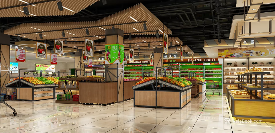 Supermarket Fresh Produce Section With Shelves Displaying Various Fruits And Vegetables 3d model 