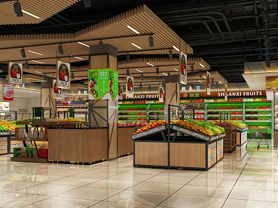 Supermarket Fresh Produce Section With Shelves Displaying Various Fruits And Vegetables 3d model