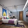 Industrial Style Hotel Room Interior with Brick Wall Purple Bedding Desk and Decorative Paintings