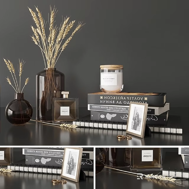Artistic Sculpture Carving Display On Modern Desktop With Books Vases And Frames 3d model 