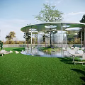 Outdoor Pavilion In Lush Green Lawn With White Tables Chairs Round Transparent Structure And Trees