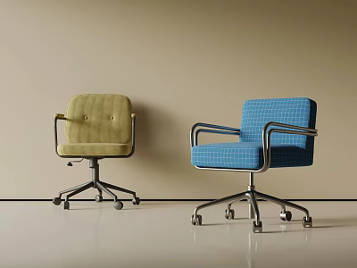 Yellow and Blue Checkered Upholstered Leisure Chairs with Metal Armrests and Wheels 3d model