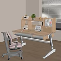 Modern Height Adjustable Study Desk With Pink Chair Bookshelf Green Plant And Books