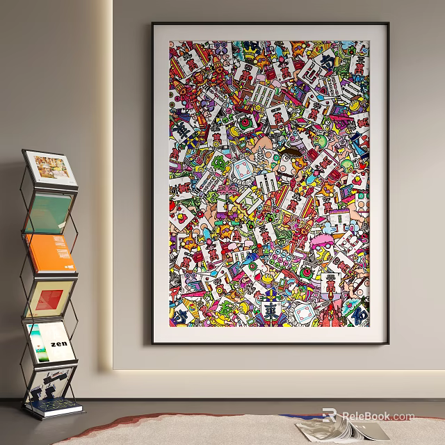 Vibrant Colorful Abstract Painting Decorates Wall In Room With Shelves 3d model 