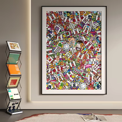 Vibrant Colorful Abstract Painting Decorates Wall In Room With Shelves 3d model