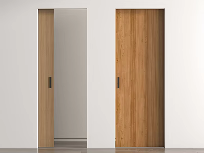 Wooden Sliding Doors with Open and Closed States in Modern Interior with White Walls 3d model
